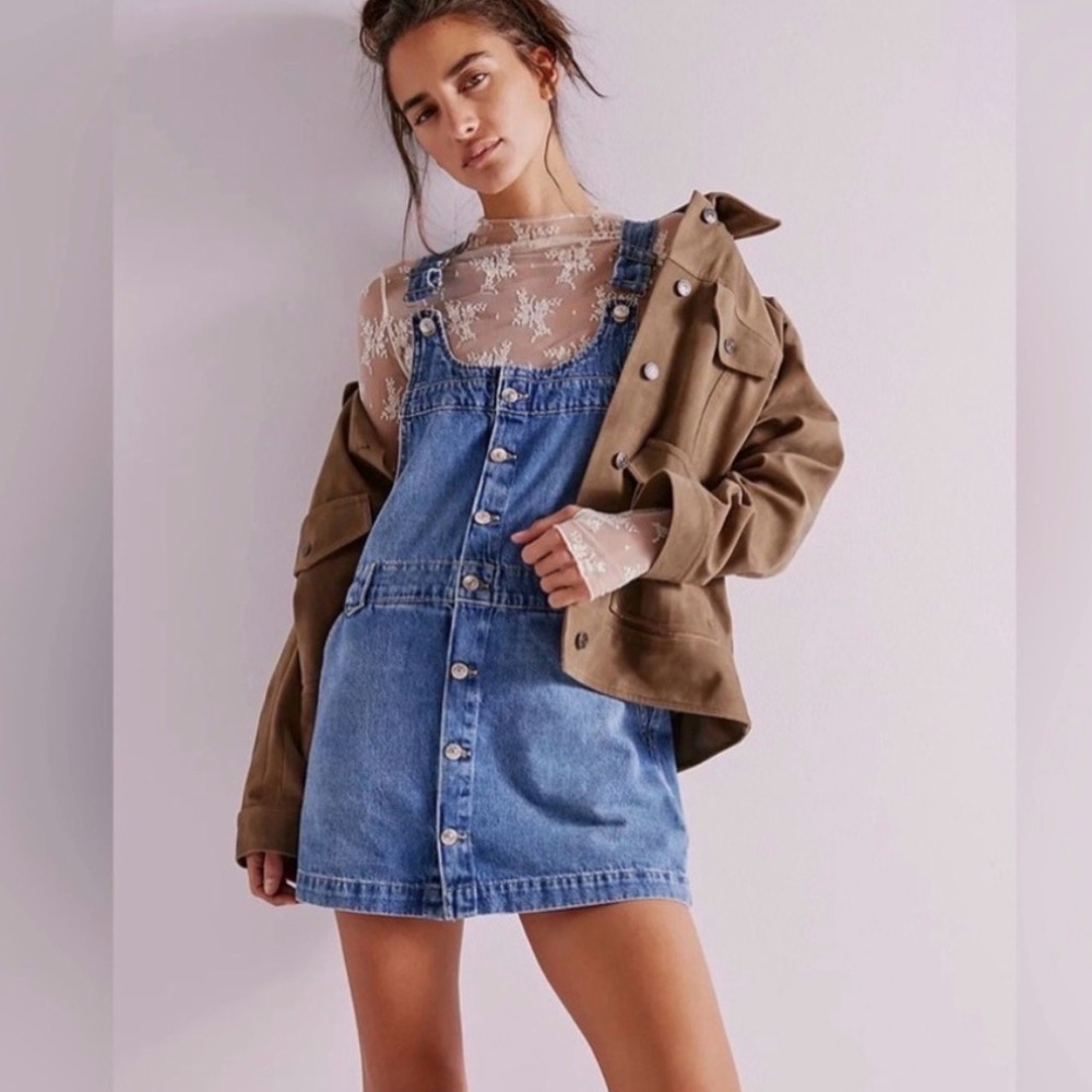 NWT Free People Blue Denim Button-Front Pinafore Dress Size Large